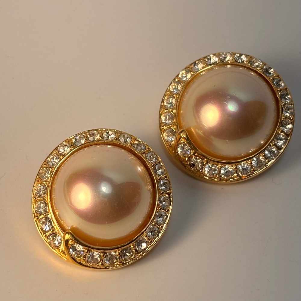 Vintage Roman‎ Clip On Earrings Gold Tone Faux Pearl Rhinestone Statement 90s - Picture 3 of 6